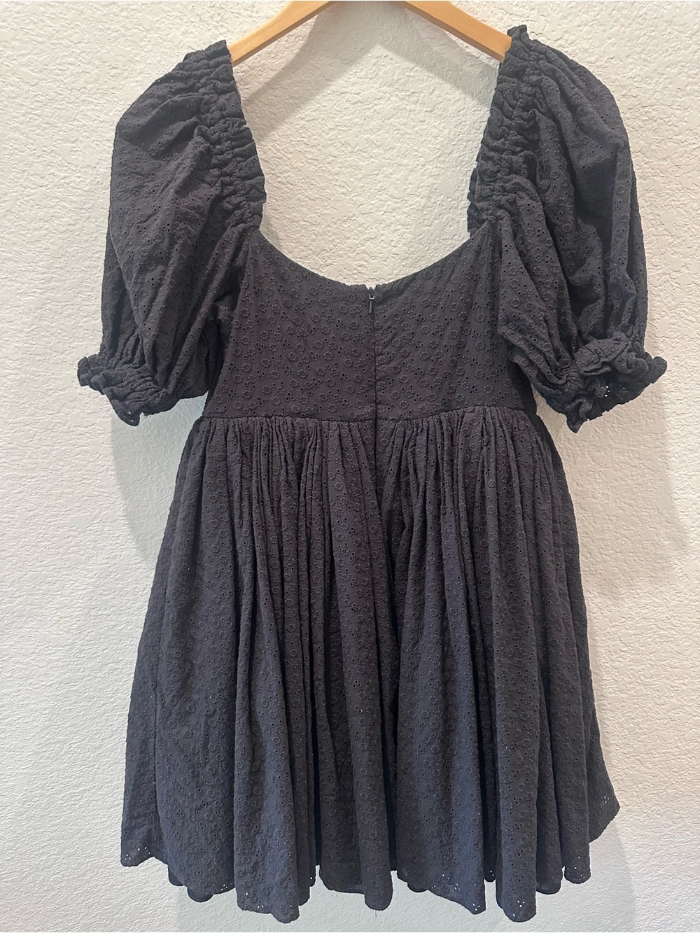 Selkie Black Eyelet Puff Sleeve Babydoll Mini Dress Cottagecore Size S - Picture 6 of 7